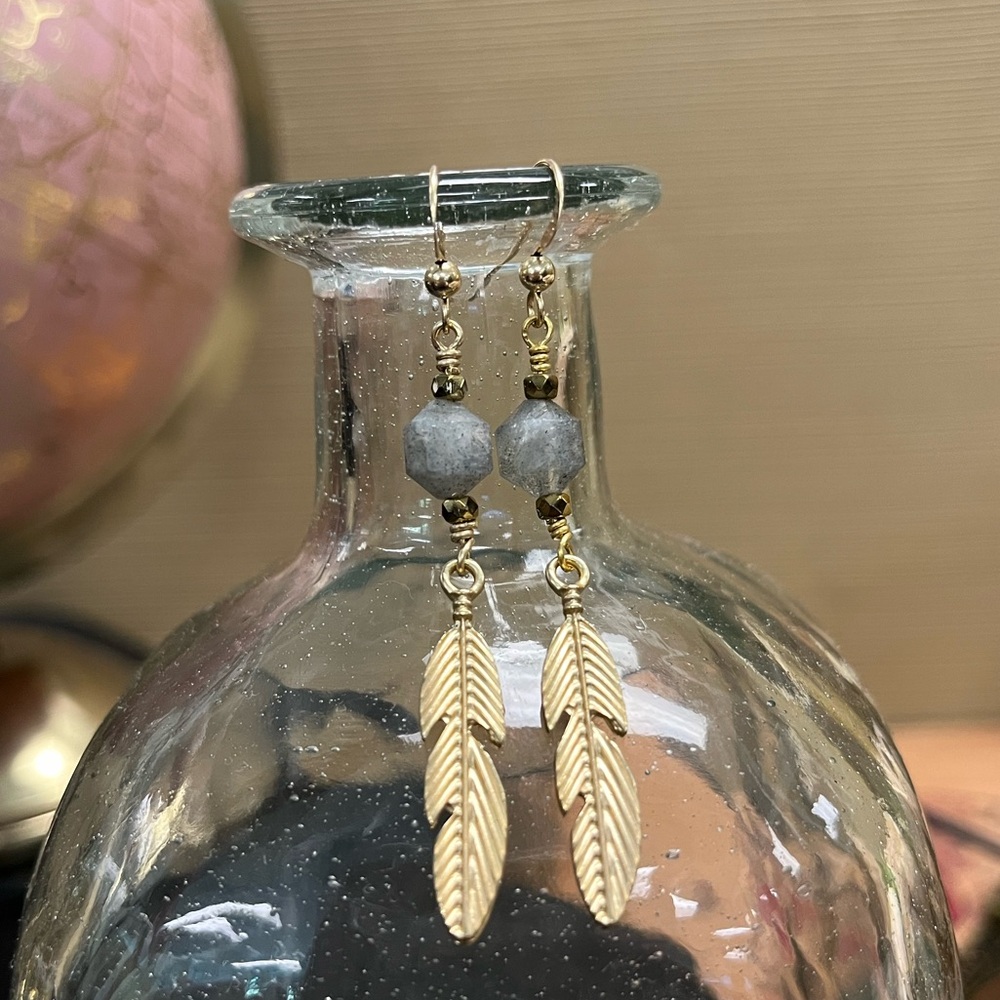 Labradorite gold feather drop earrings